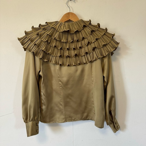 Vintage 90s Y2K Statement Collar Blouse Ruffle Shawl Top Sage Green Womens 4 - Picture 8 of 9